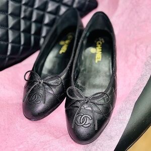 🖤 Authentic Chanel Quilted Leather Ballet Flats in BLACK Quilted Leather 6.5*